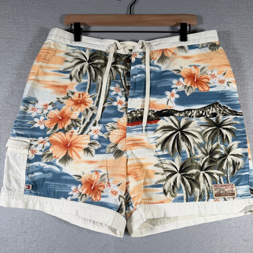 Tommy Hilfiger Paskowitz Surf Wear Tropical Hawaiian Board Shorts Mens 34 Blue